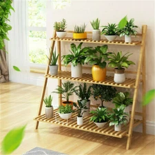 High Strength Bamboo Folding Plant Stand Pots Display Shelf Rack Indoor Outdoor