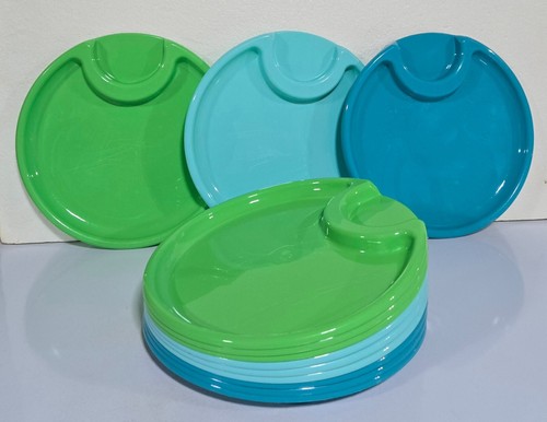 Set Of 12 Pampered Chef Outdoor Party Plates Picnic 2823 Blue Green 10" Plastic