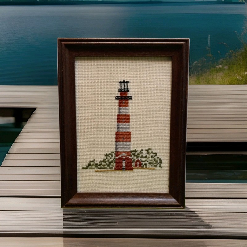 Beach Lighthouse Vintage Completed Finished Framed Cross-Stitch Nautical Ocean