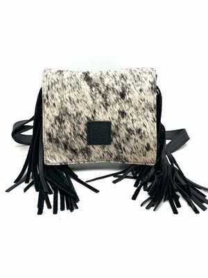 STS Black/White Leather Fringe Cowhide Designer Crossbody