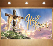 Easter Photo Backdrop He Is Risen Banner Christian Cross Jesus Decorations and S