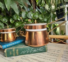Vintage Copper and Ceramic Double Boiler Kitchen Pot With Brass Handles