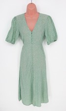 Rixo Green Floral Midi Dress UK 12 Puff Sleeve Button Front Tea Dress