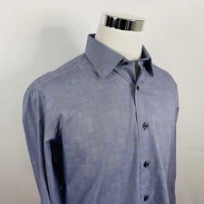 David Donahue 16.5 34/35 Trim Fit French Cuff Dress Shirt Blue Glen Plaid Cotton