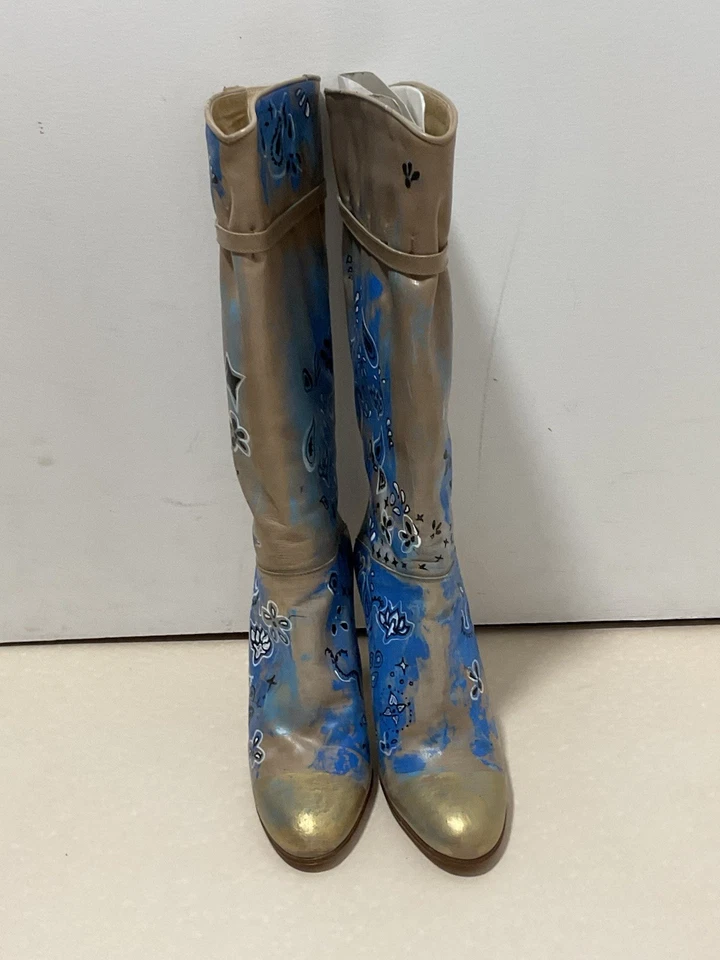 Bottes En Cuir Beige Avec Motif Bandana - Made In Italy -Taille 39,5 - Photo 2/4