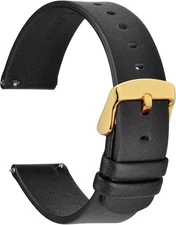 WOCCI 20mm Flexible Leather Watch Band for 20mm, Obsidian Black (Gold Buckle) 