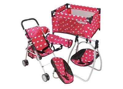 Deluxe Baby Doll Stroller with Crib Furniture Playset, Multi Baby Pink Hearts