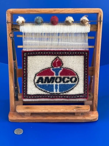 VINTAGE AMOCO GAS OIL RARE MINI LOOM WOOL RUG VTG SMALL WEAVING ADVERTISING WOOD