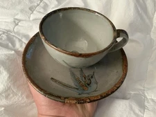 Vtg Ken Edwards Signed KE Tonala Pottery Coffee Mug Cup & Saucer Bird Butterfly