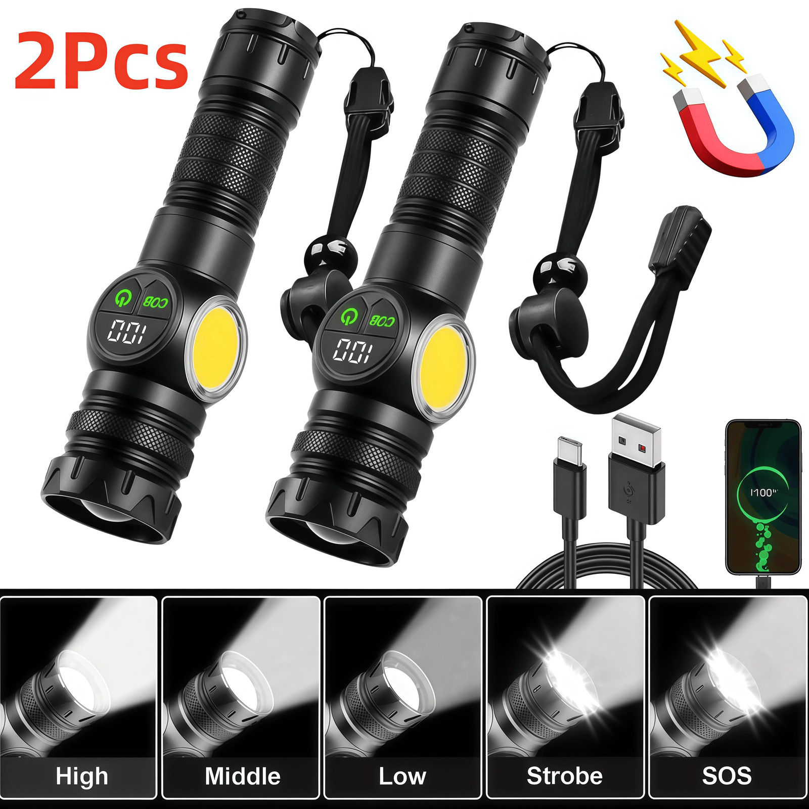 2X Super Bright Flashlight 990000000LM LED Powerful Rechargeable Torch Zoomable