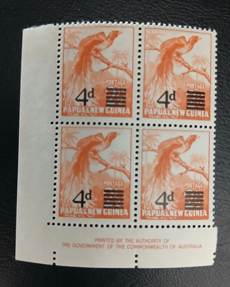 Papua New Guinea 1957 QEII 4d on 2½d orange overprint, MLH. Imprint BLOCK - image 2 of 3