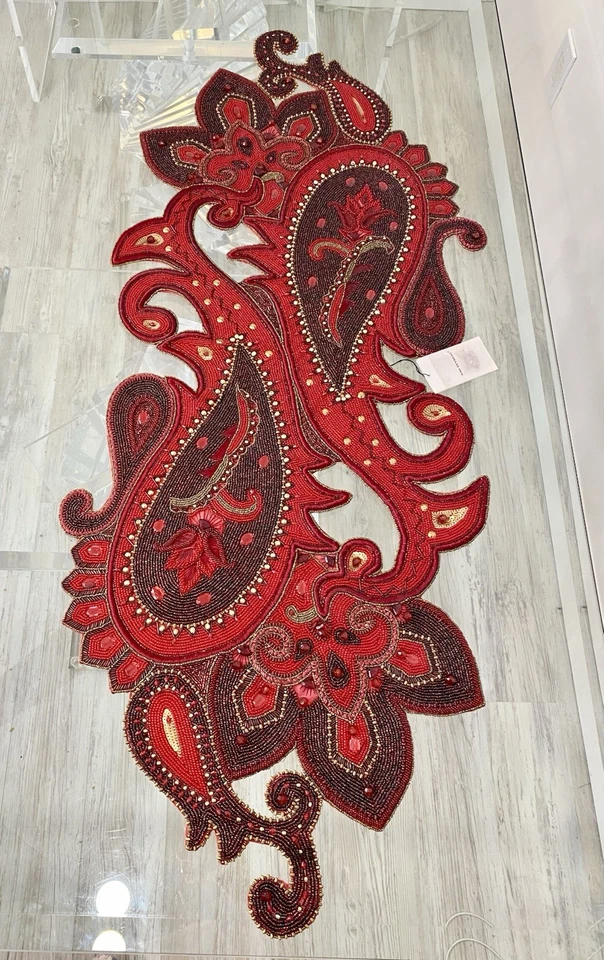 Kim Seybert Red Gold Holiday Decor Christmas Paisley Beaded Table Runner READ - Image 4 of 4
