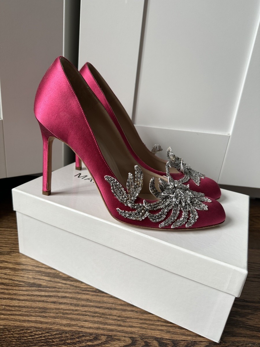 ManoloBlahnik ピンク Manolo Blahnik Swan Cranberry Pink Satin Embellished Crystal