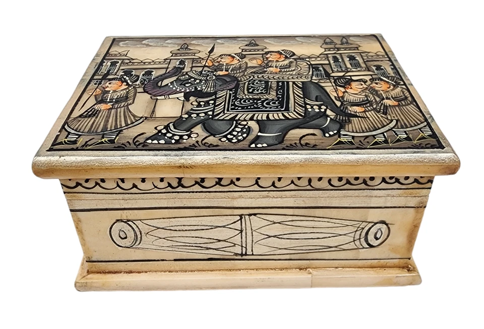 Antigua caja de pintura en miniatura mogol persa pintada a mano tallada vintage Foto 3 de 4