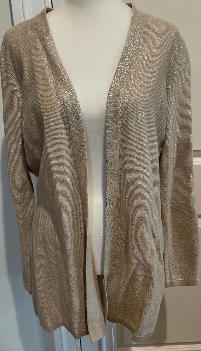 Chicos Sz 1 Gold Metallic Open Front Knit Cardigan Sweater Long Sleeve Tunic