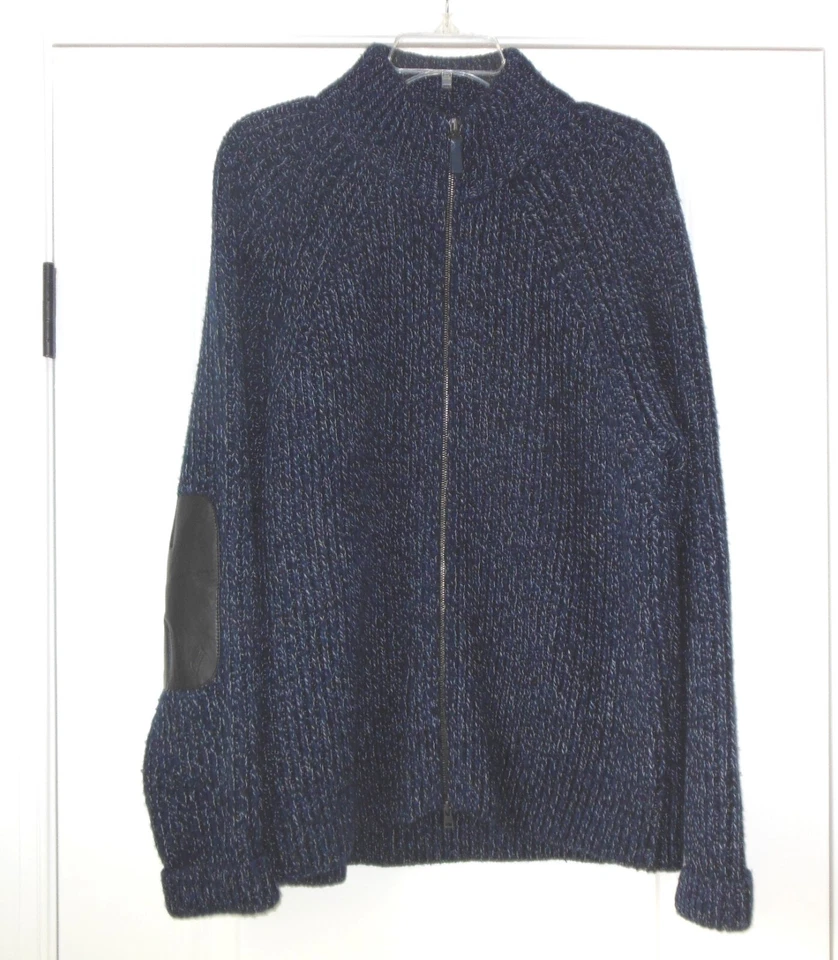 Brioni Italy Men's Chunky Knit Cardigan Sweater 50 M Wool Leather Full Zip Blue - Image 3 of 4