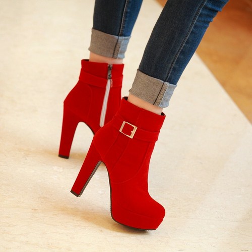 Womens Buckle Strap Block Heels Zip Ankle Boots Suede Round Toe Platform Shoes - Picture 1 of 15