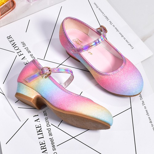 Kids Girls Party Wedding Mary Jane Rainbow Bow Sparkly Sandals Low Heel Shoes UK - Picture 11 of 23