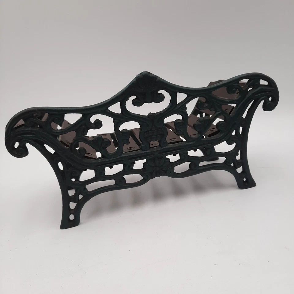 Antiguo banco de hierro fundido y madera verde de 9 1/2" de largo - Love Seat - Trabajo de hierro de lujo Foto 4 de 4