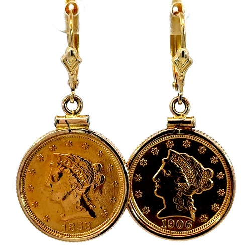 1853 & 1906 $2.5 Quarter Eagle Fine Gold Coin Framed 14K Gold Dangle Earrings