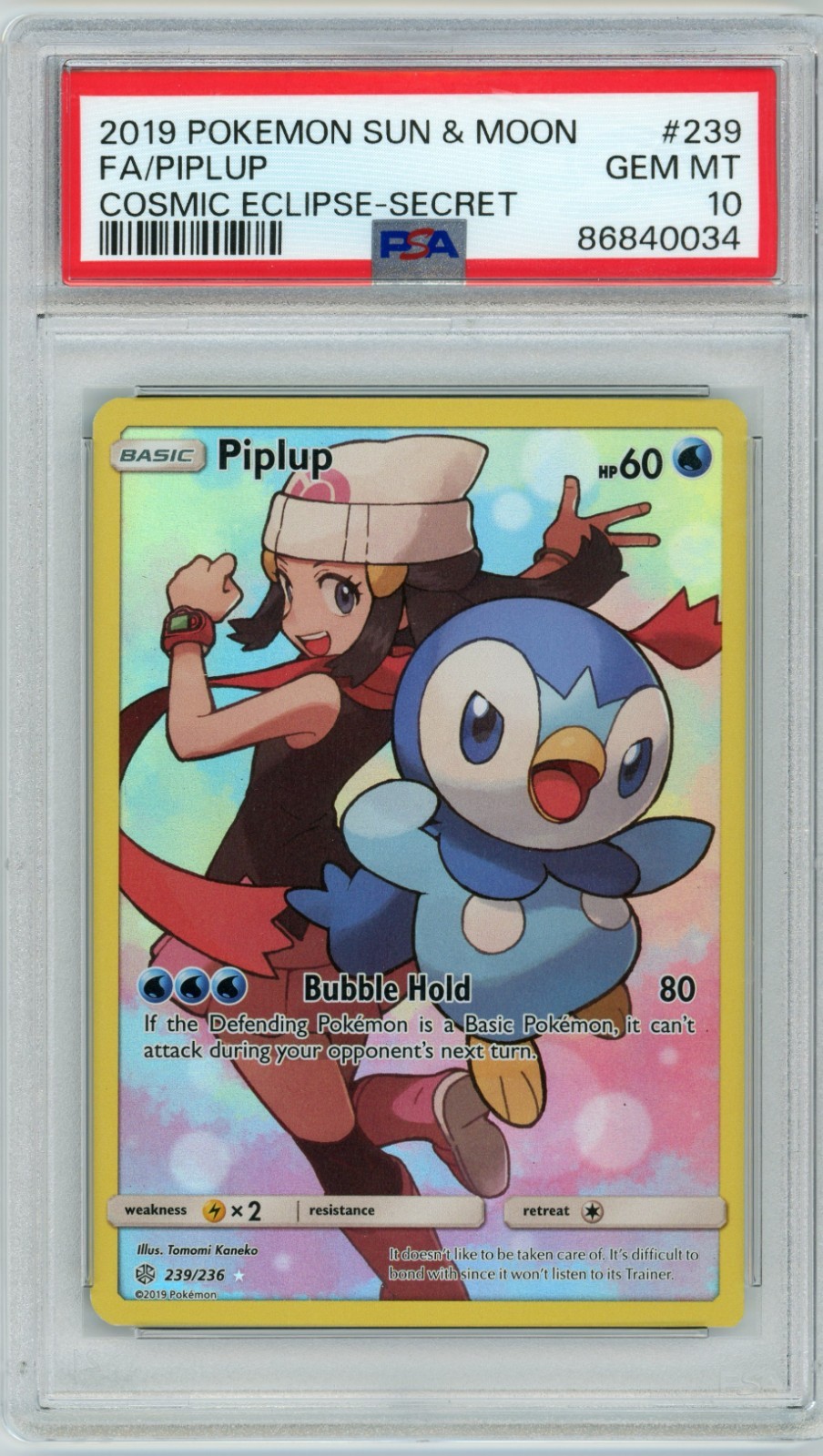 2019 POKEMON SUN & MOON COSMIC ECLIPSE SECRET #239 FULL ART/PIPLUP PSA 10