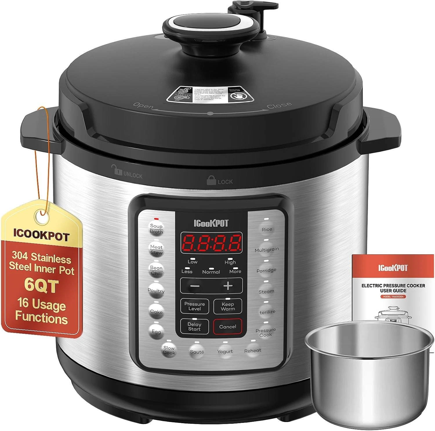 ICOOKPOT 6QT Electric Pressure Cooker 16-in-1 Slow Cook Rice Steamer Yogurt