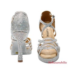 Latin Dance Shoes Women Silver Salas Ballroom High Heel Width Heel 10cm Waltz