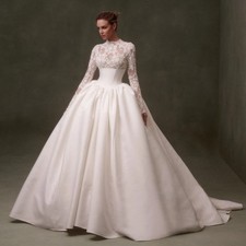 Elegant Long Sleeve Wedding Dress High-neck Princess Satin Bride Gown Customized