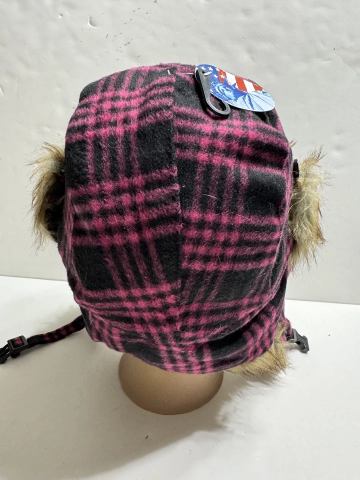 飞行员女式帽子带扣全新带标签粉色/黑色格子人造毛皮尺寸 S/M — 第 3/4 张图片