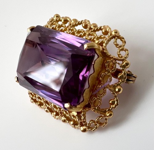 Vintage c1950s French Gilt Filigree & Lab Created Colour Change Sapphire Brooch - Picture 2 of 24