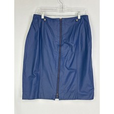 Vintage Blue Leather Pencil Skirt Front Zip Button Detail Size 16, Secretary 90s