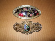 2 Large Ornate Hair Clips Metal Gold Tone Framed Floral Flowers Pattern Elegant