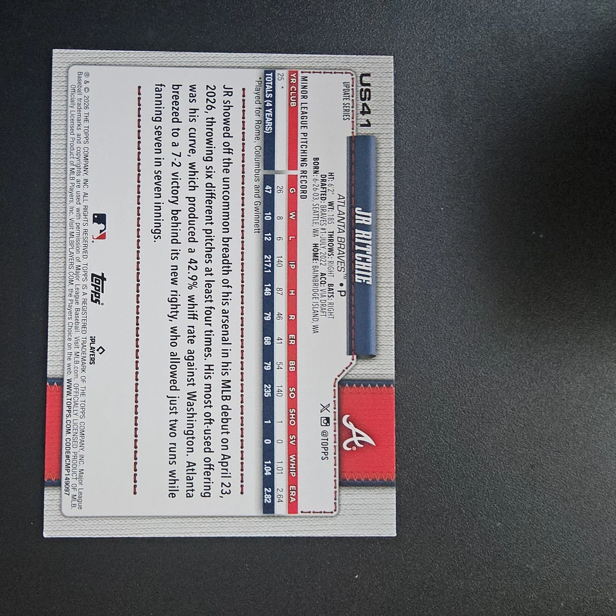 Actualización Topps 2026 JR Ritchie Variation Companion Braves US41 Rookie RC