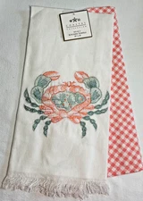 COASTAL COLLECTION KITCHEN  TOWELS (2) CRAB PEACH CHECK BLUE 100% COTTON  NWT