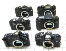 Broken Lot of 6 Black 35mm Film SLR Camera Bodies - Ricoh, Nikon, Canon, Minolta