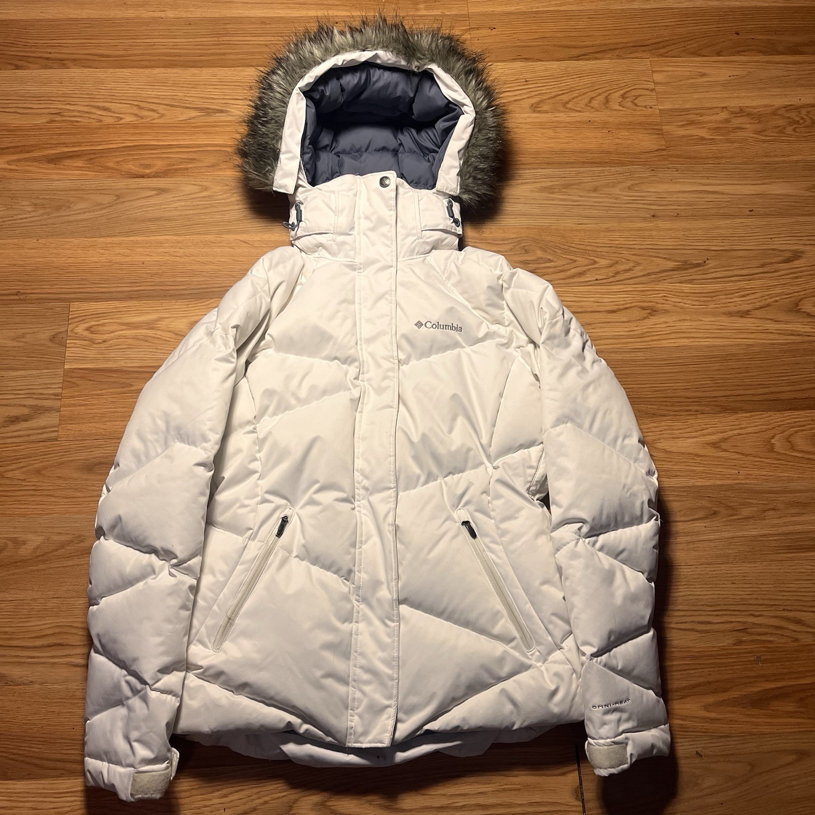 Columbia Lay D Down Omni-Heat Puffer Jacket Women’s Small White Faux Fur Hood