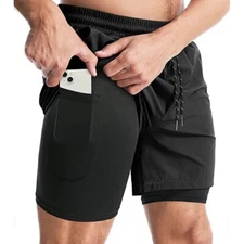 Mens Built-in Pocket Sports Shorts 2 In 1 Quick Dry Gym Beach Double-deck Shorts