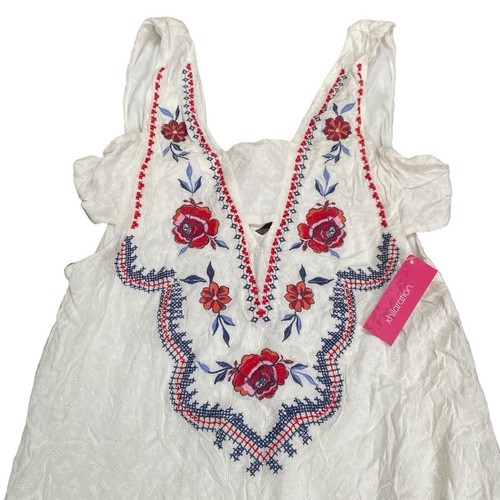 Exhilaration Top bestickt klein Damen Blumen weiß Tank fließend Boho - Bild 3 von 10