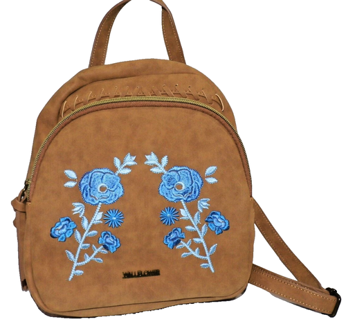 Mochila Cartera Wallflower Marrón Imitación Gamuza con Flores Bordadas Azules 2 Bolsillos - Imagen 1 de 14