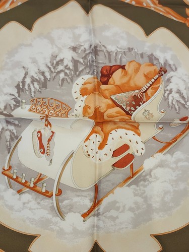 Authentic Vintage Salvatore Ferragamo Silk Scarf Winter Sleigh Ice Skates Wolves - Picture 2 of 3