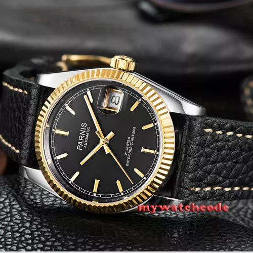 36mm PARNIS Date black dial Sapphire glass Miyota automatic mens