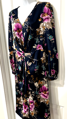 Maggy London Navy Floral Satin Midi Dress Sz 6 Long Slv Party Cocktail MSRP  $158 | eBay