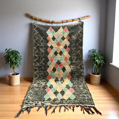Charcoal Grey Moroccan Runner, Vintage Style Berber Carpet with Pastel Diamonds