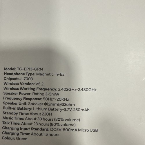 Neck-Mount Wireless Sport Earphones TG-EP13, 30hr Music Time,Bluetooth 5.2-Green - Picture 3 of 3