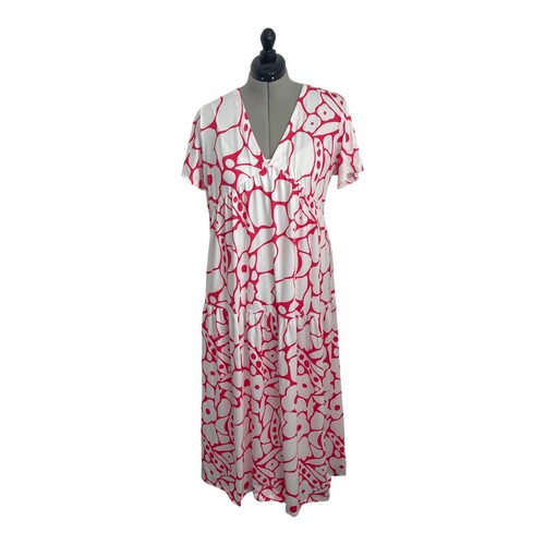 Maxi abito donna rosso bianco astratto floreale manica corta scollo a V boho taglia XL - Foto 2 di 13