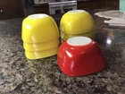 Lot of 7 Vintage Pyrex Ovenware #407 Hostess Ramekins YELLOW & Red Square Bowls