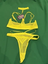 NWT Fantasy Lingerie Neon Yellow Glow Thong Bare Breast Bra Collar One Size L