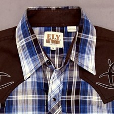 Ely Cattleman Mens M Blue White with Silver Trim Plaid Pearl Snap Western Shirt