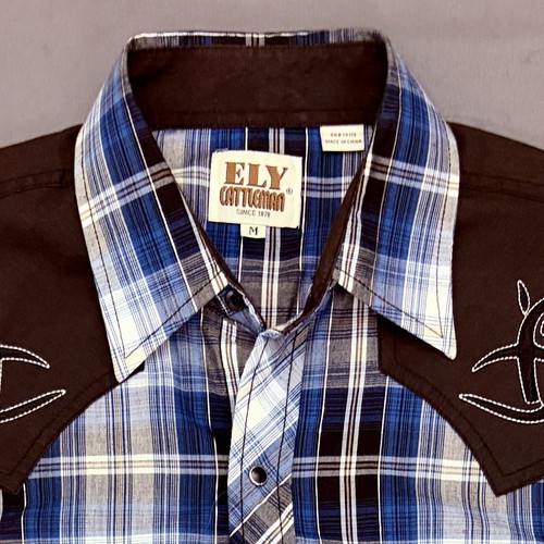 Ely Cattleman Mens M Blue White with Silver Trim Plaid Pearl Snap Western Shirt