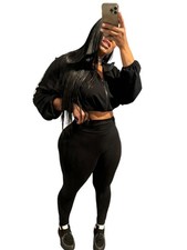 2 Piece Outfits Tracksuit Drawstring Long Sleeve Zip Up Crop Jacket with Body...